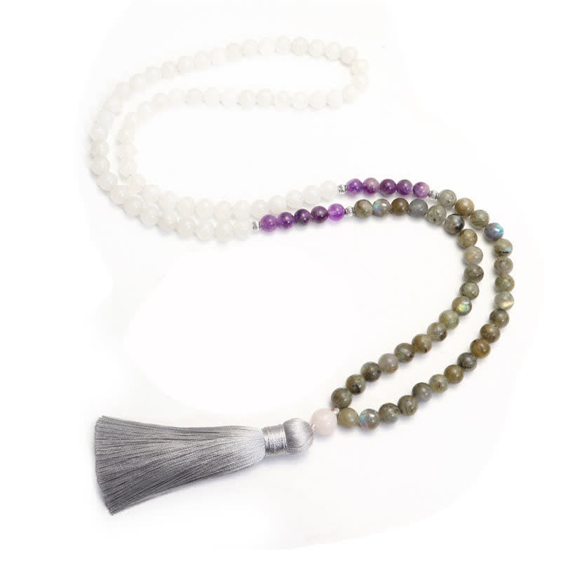 108 Perlen Edelstein Mala Armband | Weißer Achat Amethyst