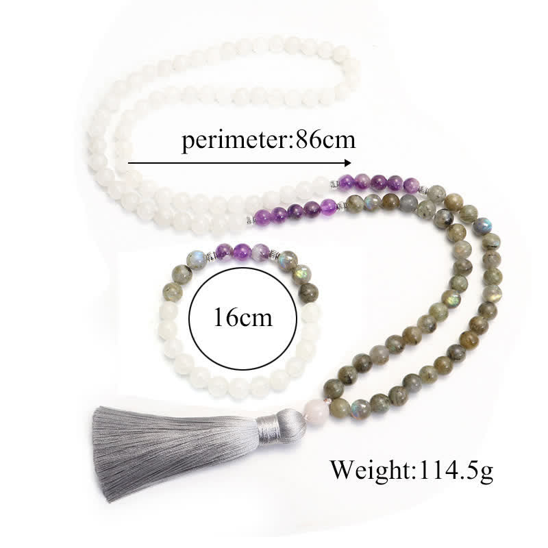 108 Perlen Edelstein Mala Armband | Weißer Achat Amethyst