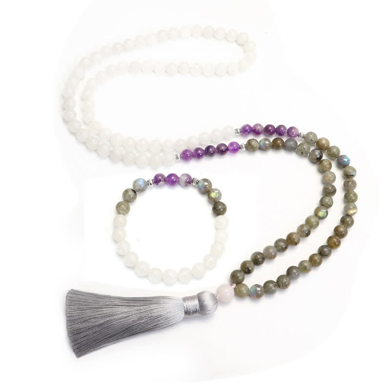 108 Perlen Edelstein Mala Armband | Weißer Achat Amethyst