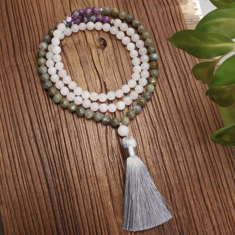108 Perlen Edelstein Mala Armband | Weißer Achat Amethyst