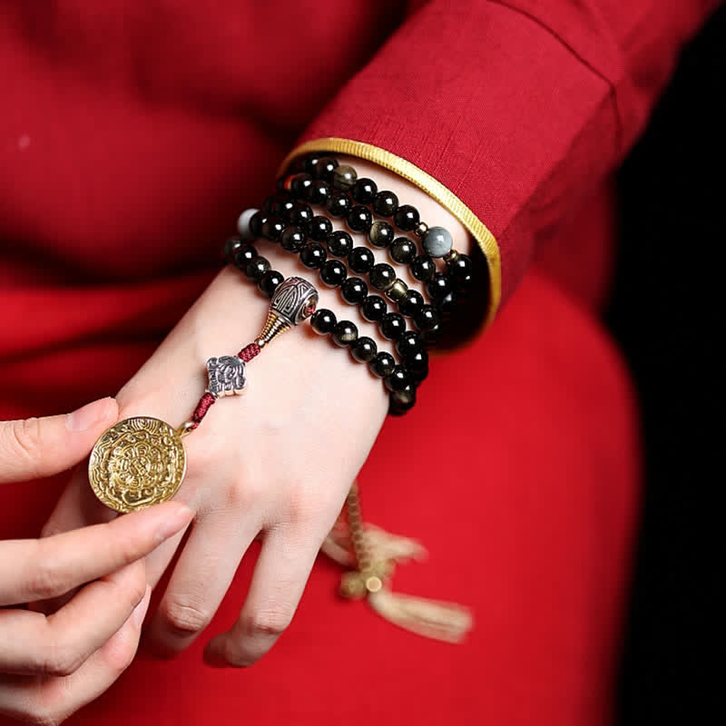 108 Perlen Goldglanz Obsidian Tigerauge Reichtum Armband