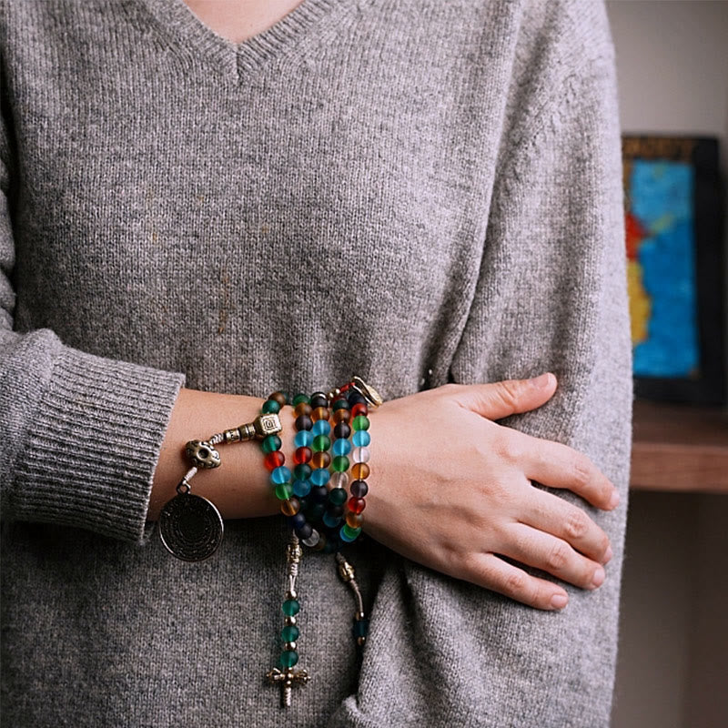 108 Perlen Liuli Glas Mala Armband mit chinesischen Sternzeichen Anhängern