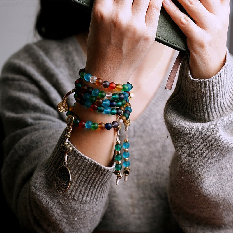 108 Perlen Liuli Glas Mala Armband mit chinesischen Sternzeichen Anhängern