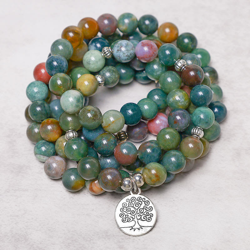 108 Perlen Mala Armband Indischer Achat mit spirituellen Symbolen