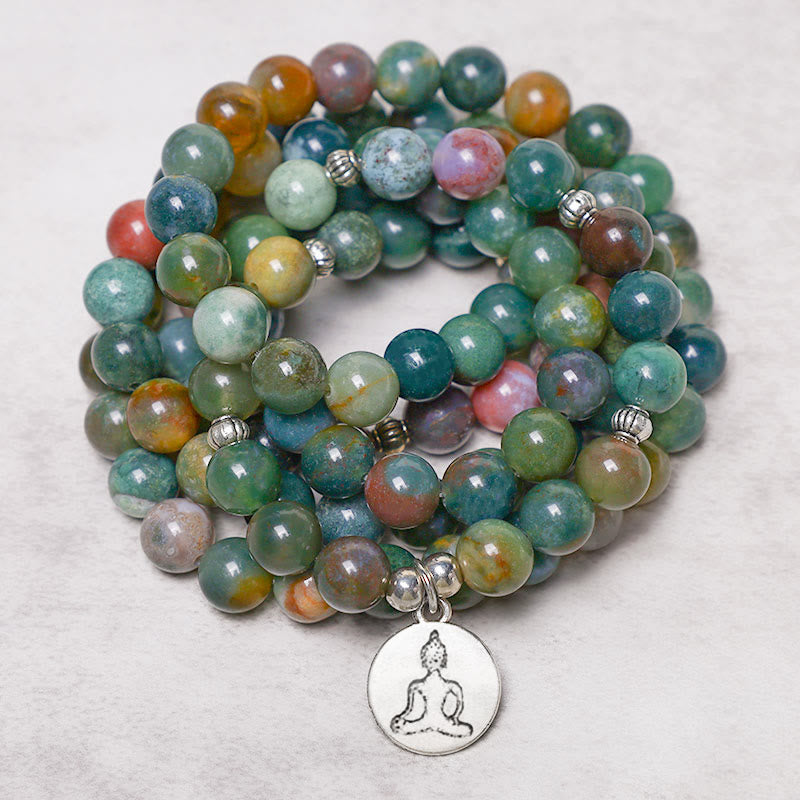 108 Perlen Mala Armband Indischer Achat mit spirituellen Symbolen