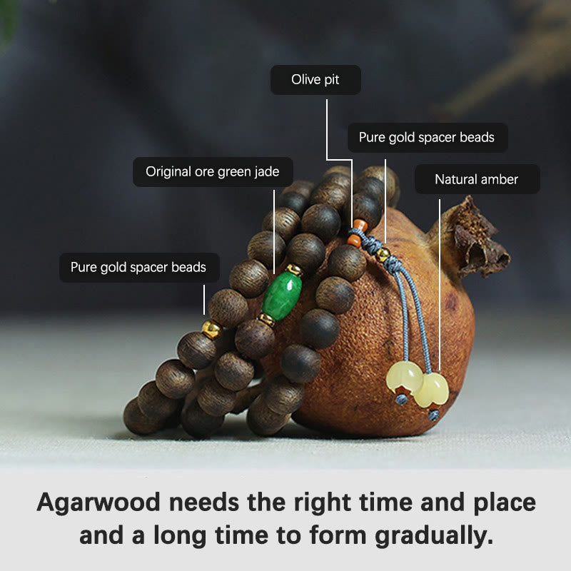 108 Perlen Mala Meditationsarmband mit Adlerholz, Cyan, Jade und Bernstein