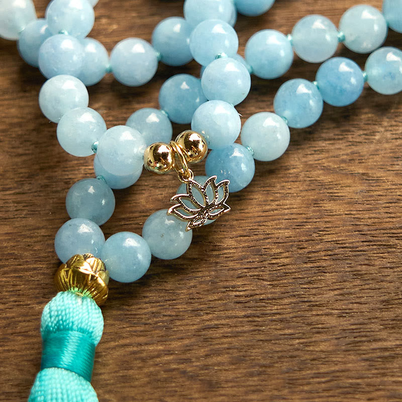 108 Perlen Aquamarin Heilarmband mit Lotus Anhänger