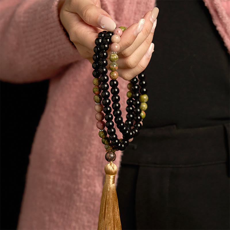 108 Perlen Schwarzer Jaspis Rhodonit Heilung Unisex Mala