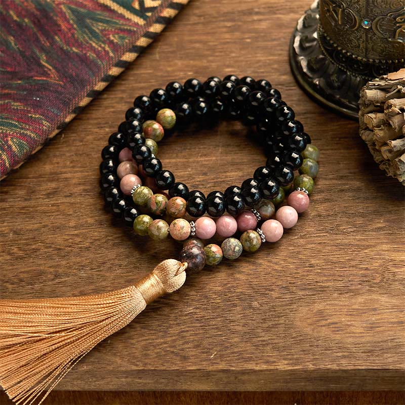 108 Perlen Schwarzer Jaspis Rhodonit Heilung Unisex Mala