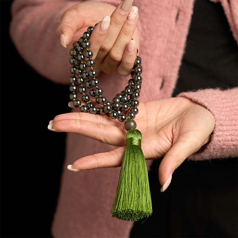 108 Perlen Hämatit-Erdungsarmband mit grüner Quaste