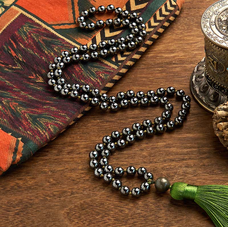 108 Perlen Hämatit-Erdungsarmband mit grüner Quaste