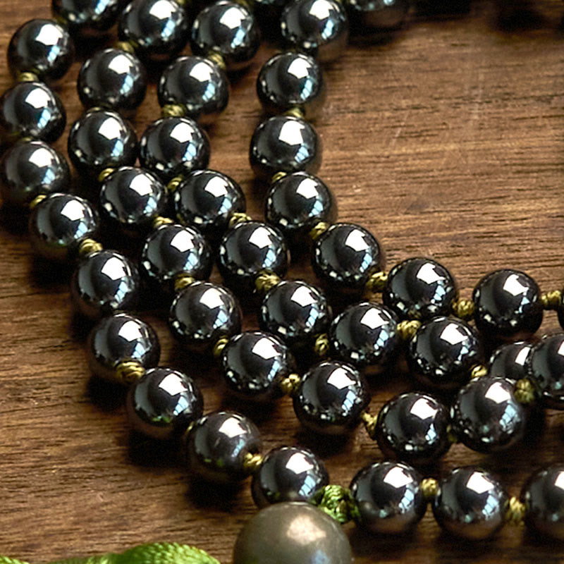 108 Perlen Hämatit-Erdungsarmband mit grüner Quaste