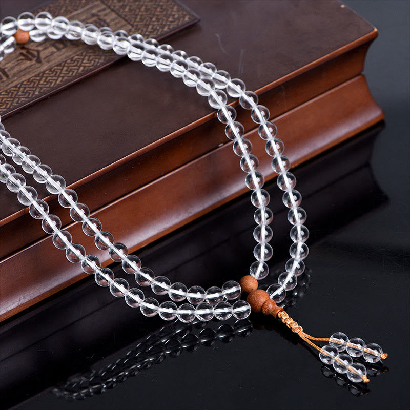 Heilarmband aus weißem Kristall und Sandelholz mit 108 Perlen, 6 mm