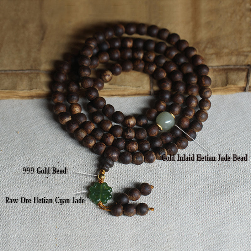 108 Perlen Holz Mala Armband Adlerholz Jade 999 Gold Frieden