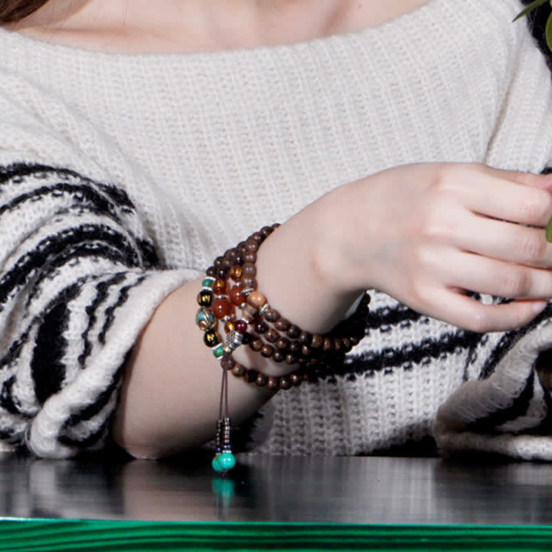 108 Holz-Mala-Armband mit Adlerholz und rotem Achat für Frieden und Stärke