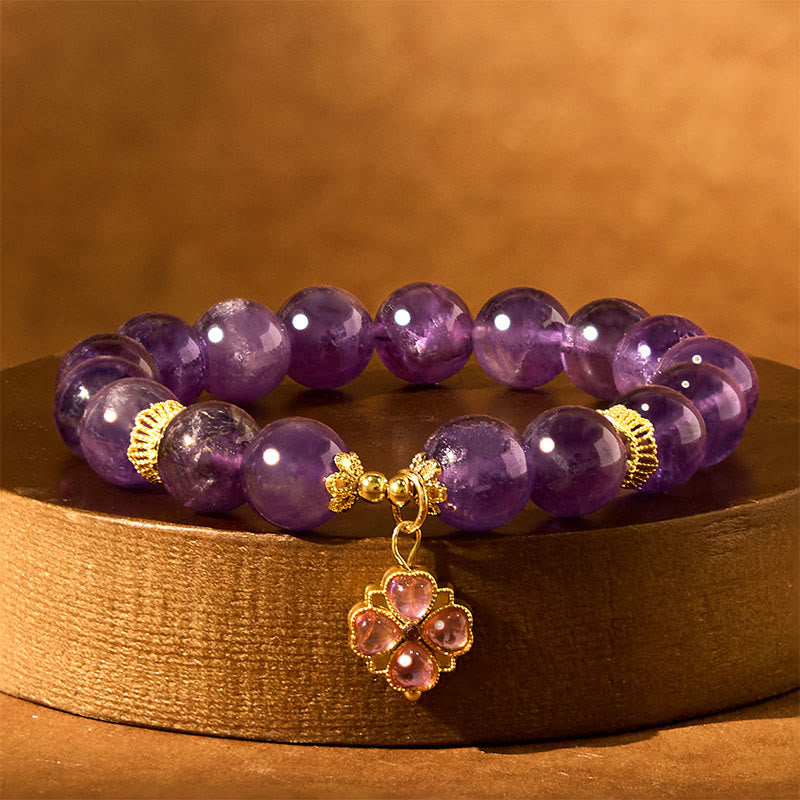 10 mm Amethyst-Kommunikationsarmband mit vierblättrigem Kleeblatt