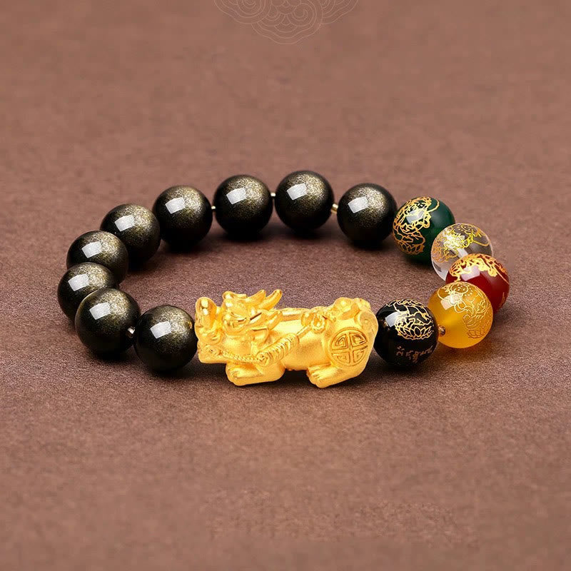 10 mm goldglänzendes Obsidian-Pixiu-Armband für Reichtum und Schutz