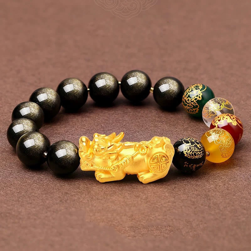 10 mm goldglänzendes Obsidian-Pixiu-Armband für Reichtum und Schutz