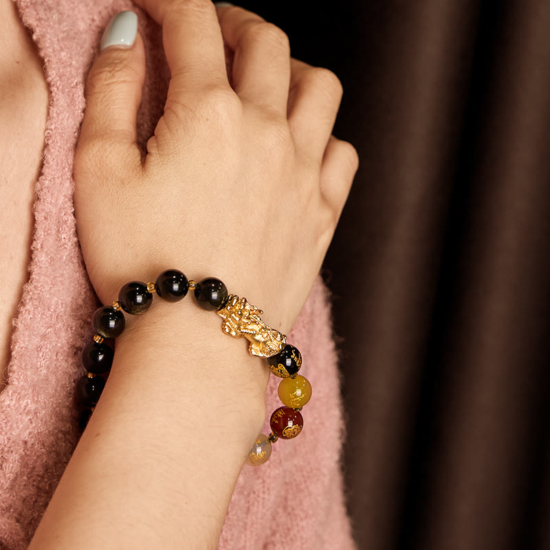 10 mm goldglänzendes Obsidian-Pixiu-Armband für Reichtum und Schutz