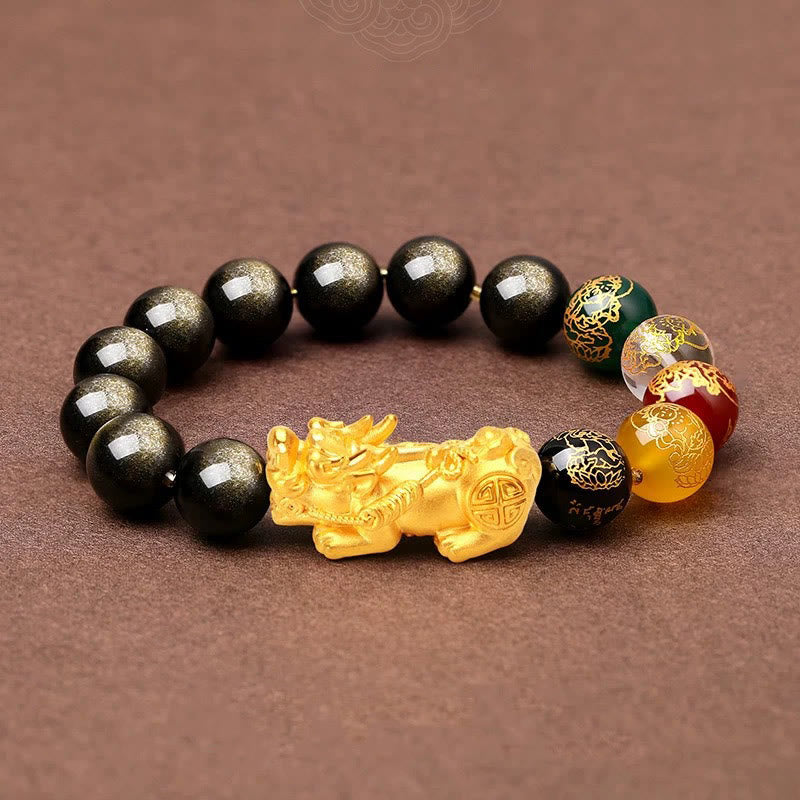 10 mm goldglänzendes Obsidian-Pixiu-Armband für Reichtum und Schutz