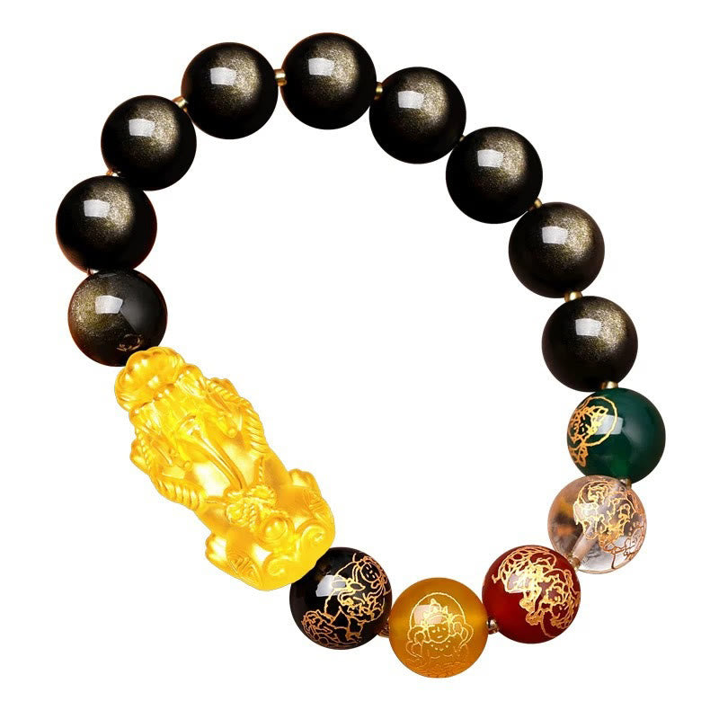 10 mm goldglänzendes Obsidian-Pixiu-Armband für Reichtum und Schutz