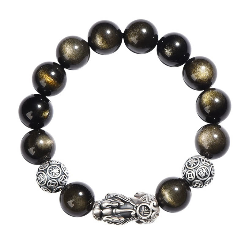 10 mm großes Pixiu-Armband aus goldfarbenem Obsidian zum Schutz des Reichtums
