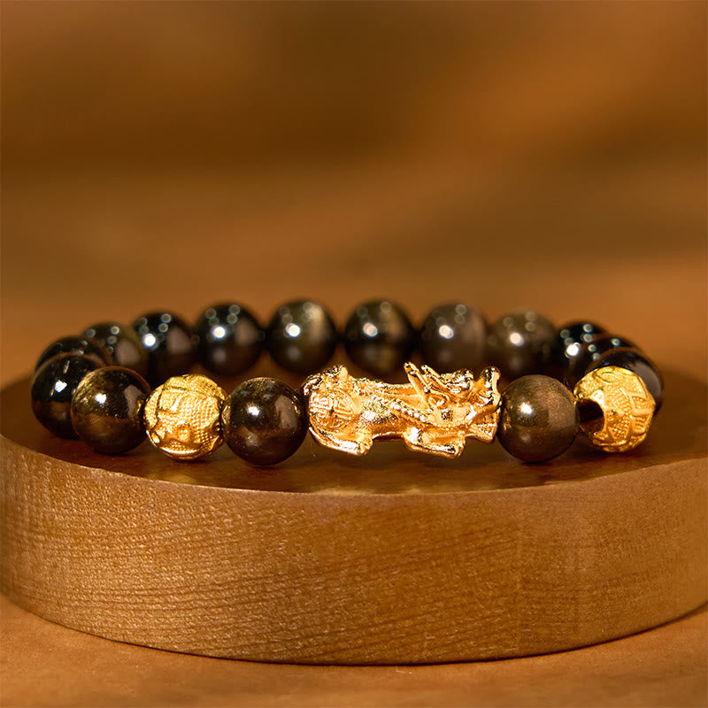 10 mm Goldglanz-Obsidian-Pixiu-Armband „Om Mani Padme Hum“ für Reichtum