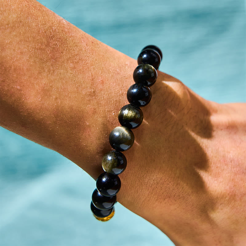 10 mm Goldglanz-Obsidian-Pixiu-Armband „Om Mani Padme Hum“ für Reichtum