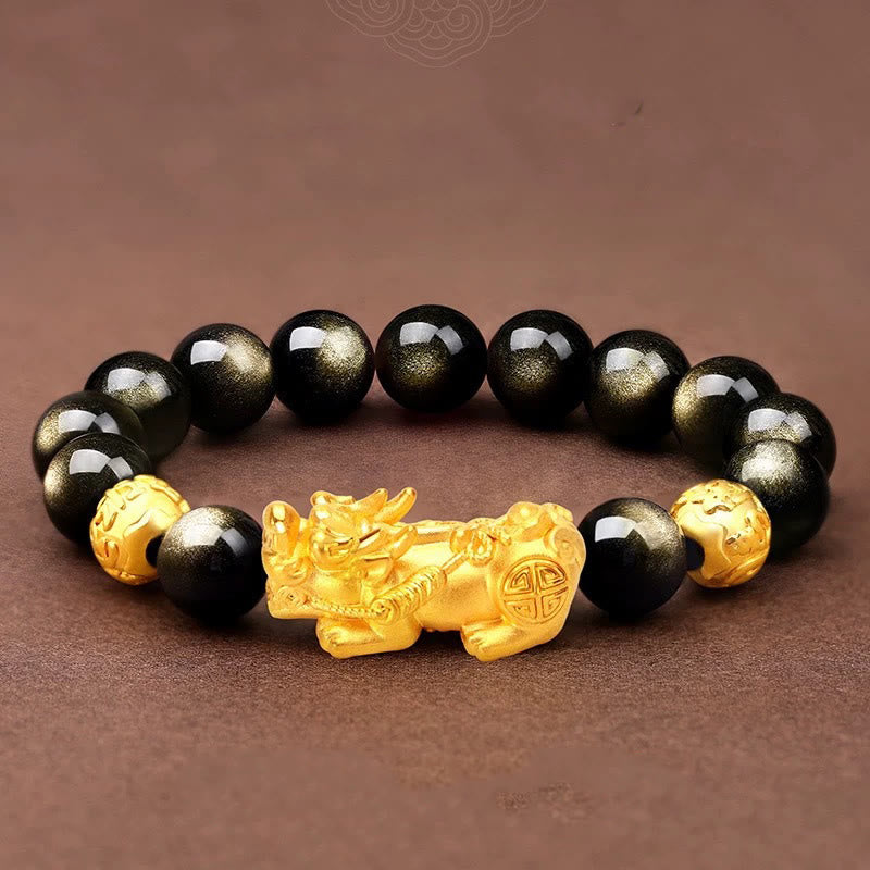 10 mm Goldglanz-Obsidian-Pixiu-Armband „Om Mani Padme Hum“ für Reichtum