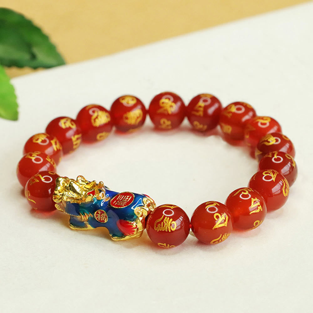 10 mm rotes Achat-Armband „Om Mani Padme Hum Pixiu Calm“