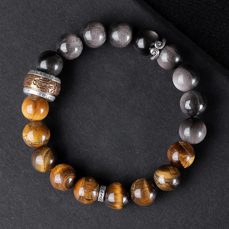 10 mm silberfarbenes Armband mit Obsidian und Tigerauge „Om Mani Padme Hum“