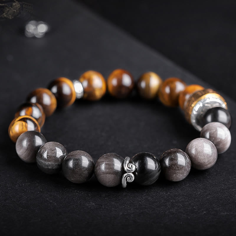 10 mm silberfarbenes Armband mit Obsidian und Tigerauge „Om Mani Padme Hum“