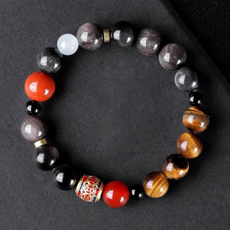 10 mm silberfarbenes Armband mit Obsidian und Tigerauge „Om Mani Padme Hum“