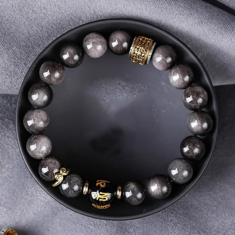 10 mm silberfarbenes Armband mit Obsidian und Tigerauge „Om Mani Padme Hum“