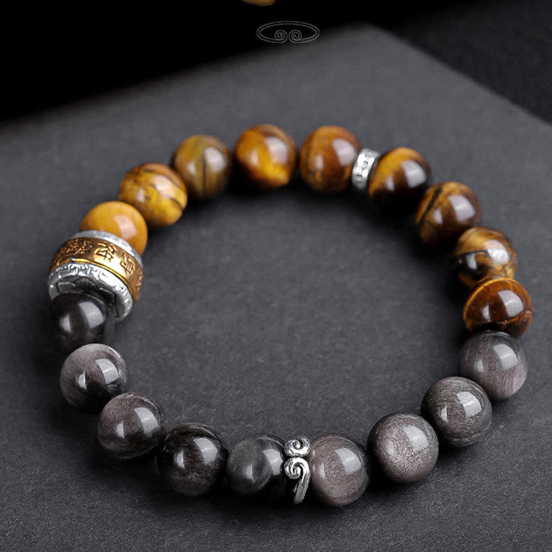 10 mm silberfarbenes Armband mit Obsidian und Tigerauge „Om Mani Padme Hum“