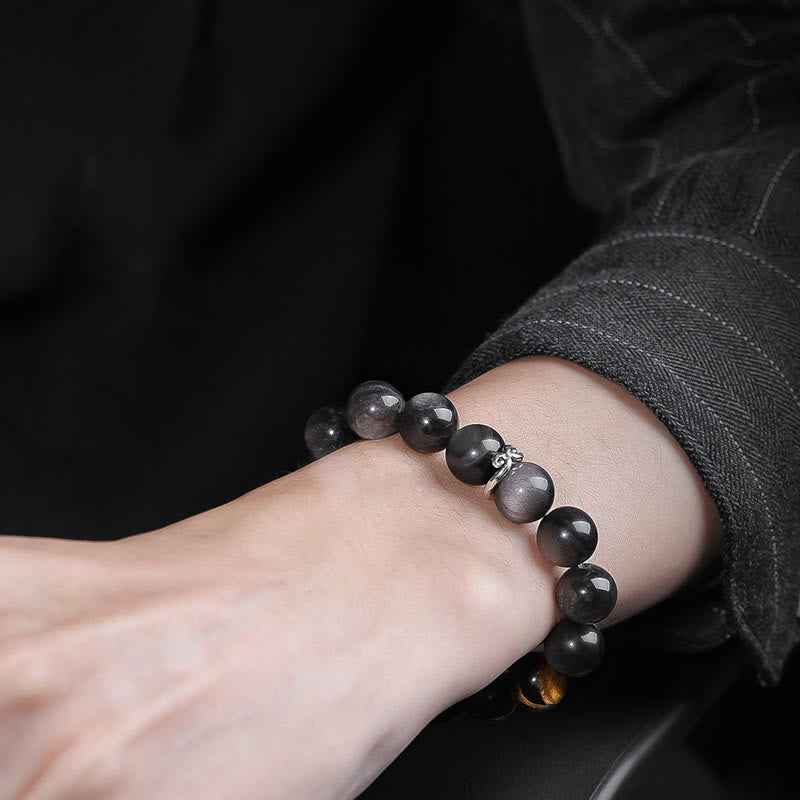 10 mm silberfarbenes Armband mit Obsidian und Tigerauge „Om Mani Padme Hum“