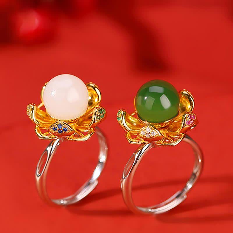 10 mm weißer und cyanfarbener Jade-Lotusblüten-Erfolgsring