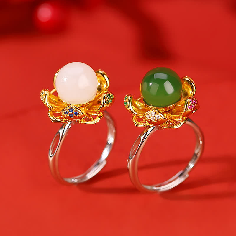10 mm weißer und cyanfarbener Jade-Lotusblüten-Erfolgsring