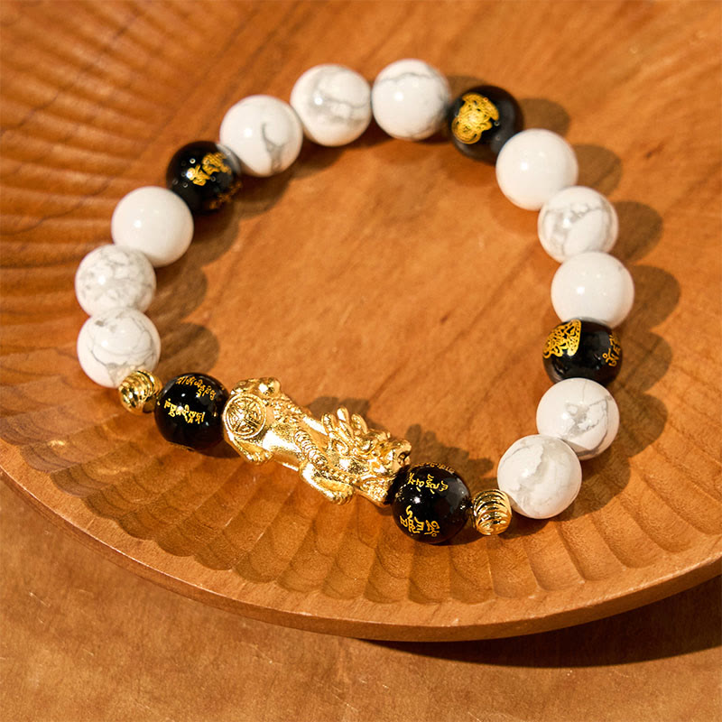 10 mm Pixiu-Schutzarmband aus weißem, türkisem und schwarzem Onyx
