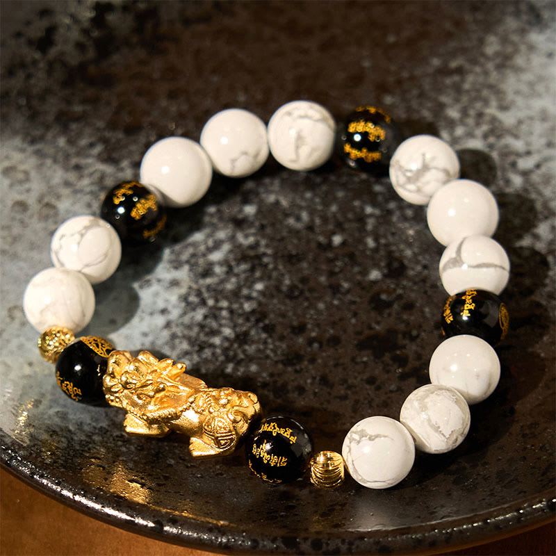 10 mm Pixiu-Schutzarmband aus weißem, türkisem und schwarzem Onyx