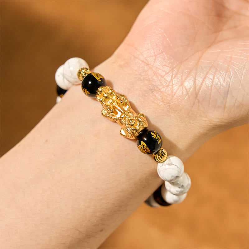 10 mm Pixiu-Schutzarmband aus weißem, türkisem und schwarzem Onyx