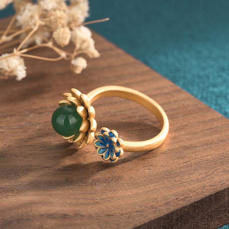Adjustable Jade Ring with Lotus Pattern for Abundance