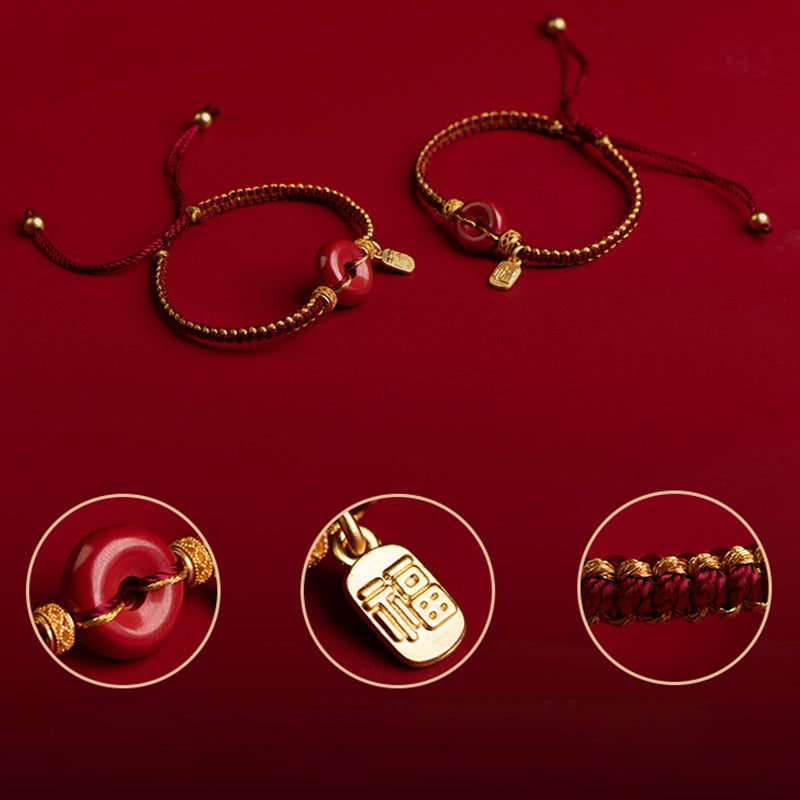 Cinnabar Braided Bracelet with Peace Buckle and Fu Charm
