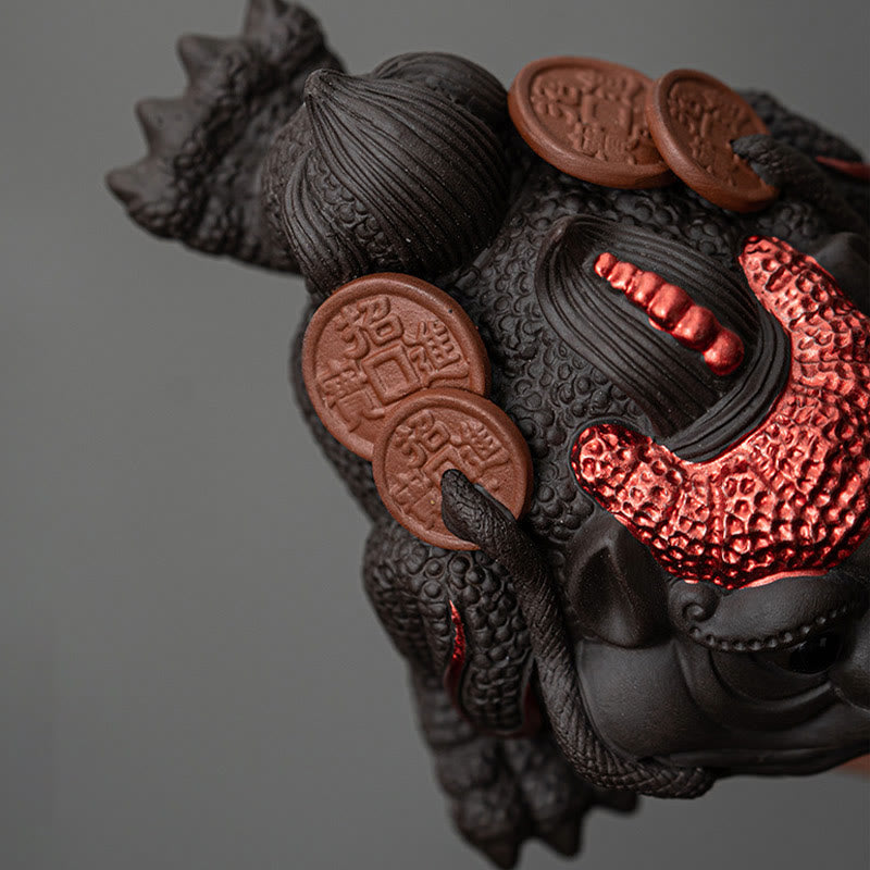 11 cm große Feng-Shui-Froschfigur aus violettem Ton mit Kupfermünzen