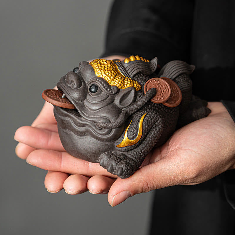 11 cm große Feng-Shui-Froschfigur aus violettem Ton mit Kupfermünzen