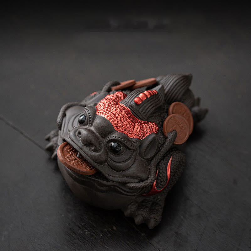 11 cm große Feng-Shui-Froschfigur aus violettem Ton mit Kupfermünzen