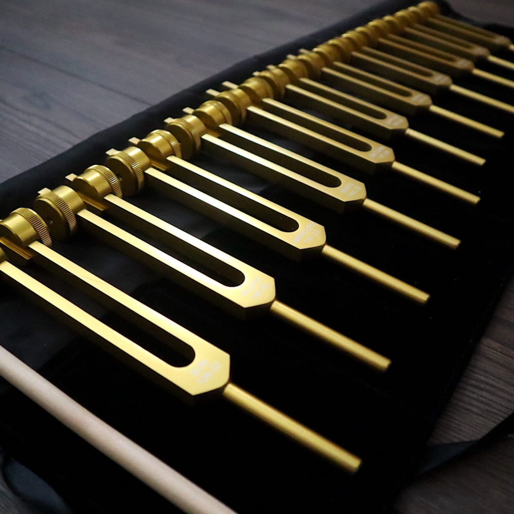 Row of golden tuning forks on a black surface from the 11pc Planetary Tuning Fork Set