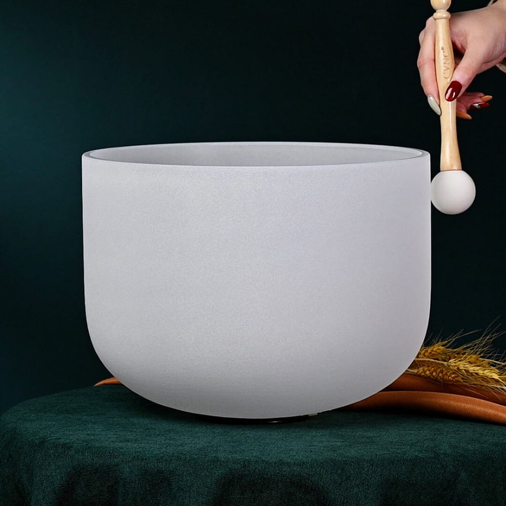 Frosted White Crystal Singing Bowl with mallet for sound healing and meditation