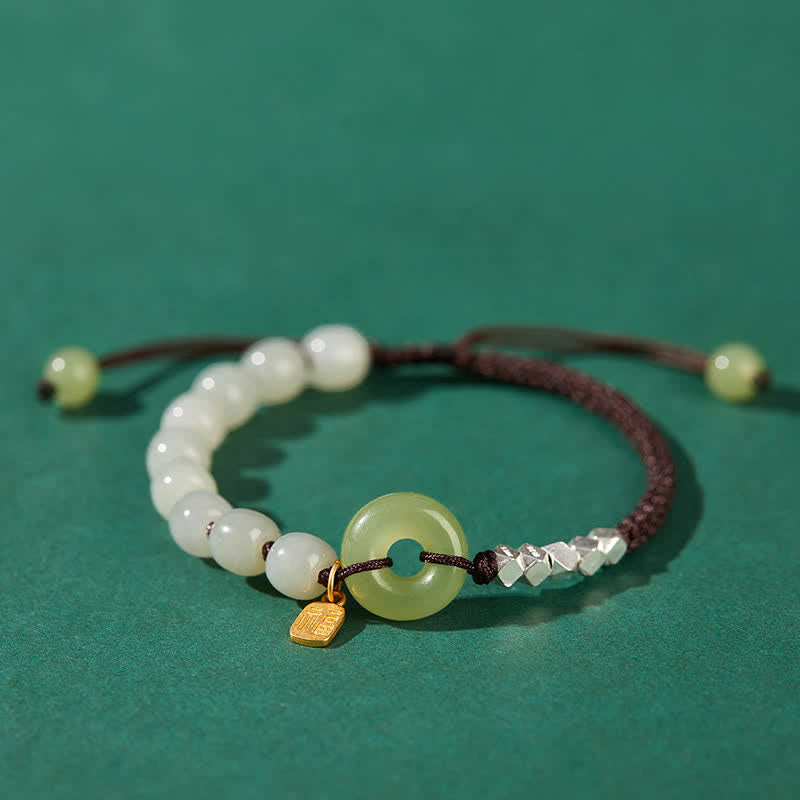 Hetian Jade Peace Buckle Luck Bracelet|Sterling Silver Charm