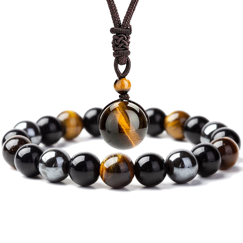Unisex Tiger Eye Bracelet Necklace Set with 10mm Beads for Protection